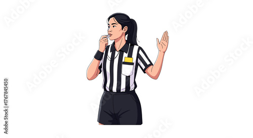 A female referee in a striped shirt blows her whistle and holds up her hand. Time for a timeout or penalty!