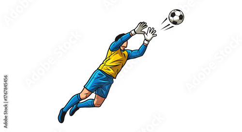 An athletic soccer goalkeeper makes a diving save to stop a shot on goal with outstretched hands to block the ball.