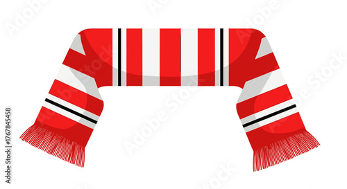 A cozy red and white striped scarf with fringed ends lies against a transparent background, perfect for winter warmth.