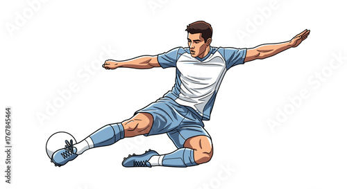A stylized soccer player in action, kicking a ball, rendered with bold outlines and cool tones, against a transparent background.