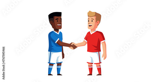 Two cartoon soccer players, one in red, one in blue, shaking hands in a show of sportsmanship after the game.