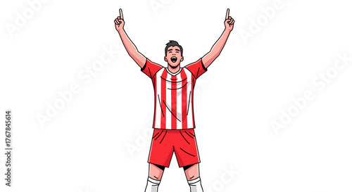 A soccer player wearing a red and white uniform and white socks is celebrating with both arms in the air.