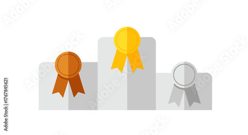 Podium with gold, silver, and bronze medals. The concept of victory, success, and achievement. Celebration of winning.