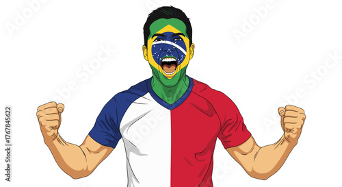 A vibrant cartoon of a fan exuding patriotic fervor with the colors of a nation painted boldly on their face and jersey.