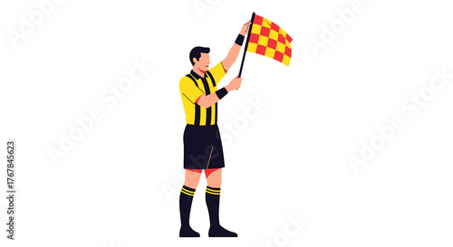 A soccer referee signals with a checkered flag on a transparent background, wearing a yellow and black striped jersey and shorts.