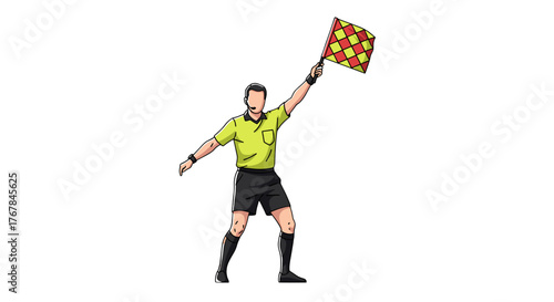 An illustration of a soccer referee signaling with a checkered flag, standing on a transparent background, focused on rules.