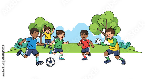 A group of kids in sports attire play soccer in a park with trees and blue sky in the background. A friendly match day!