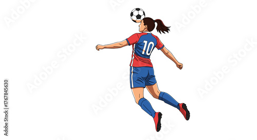 A female soccer player in a red and blue uniform, numbered 10, heads the soccer ball in mid-air with great skill.