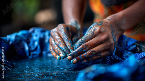 Fototapeta Naklejka Na Ścianę i Meble -  Artisan dyeing indigo cloth in a courtyard vat, hands stained blue, Africa, indigo, textile, dyeing, craft, tradition, fashion, color, with copy space