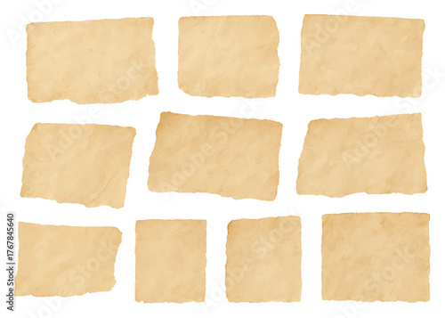 Torn vintage scrap paper set — ripped beige old pieces of parchment texture collection for collage, scrapbooking and retro projects	