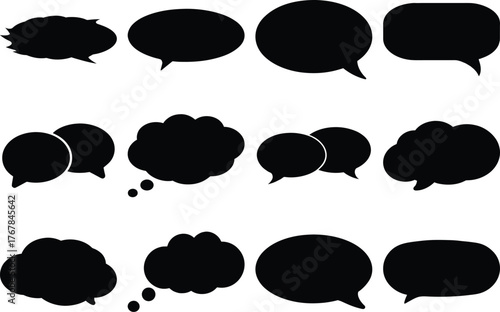 Collection of twelve black speech and thought bubbles on white background speech bubble chat bubble