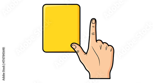 A stylized illustration shows a hand presenting a yellow card against a transparent background, indicating a penalty or warning.