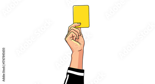 A hand holding a yellow card against a stark transparent background, the card is a warning or penalty being given.