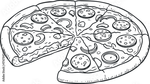 A hand-drawn illustration of a delicious pizza with various toppings and slices.