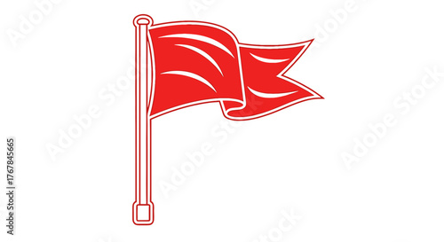 Vibrant red flag waving atop a sturdy pole, embodying a symbol of warning or achievement against a stark background.