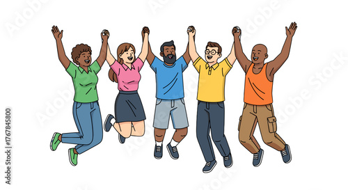Diverse group jumping with joy and holding hands up to celebrate success, teamwork, or accomplishments together.