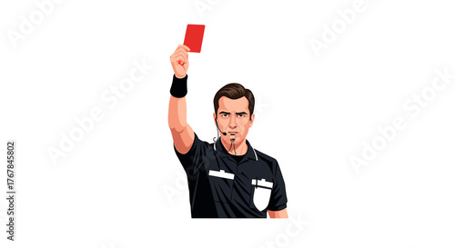 A serious referee signals a red card, indicating ejection, while maintaining intense focus and authority on the field.
