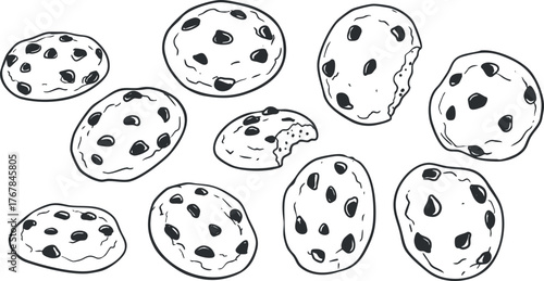 A collection of hand-drawn cookies with chocolate chips in various shapes and sizes.