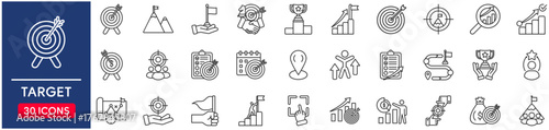 Target set of web icons in line style. vector illustration concept relate to sight, line, isolated, financial, businessman, shoot, shot, icon, target, sharpened, mission, scope, person, set, achieve