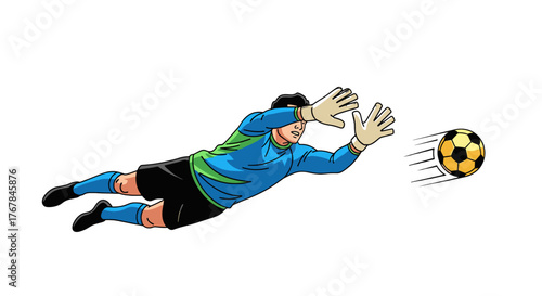 Dynamic illustration of a goalkeeper diving to save a soccer ball, set against a stark transparent background.