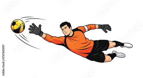 A soccer goalkeeper with orange shirt is diving to catch a soccer ball with a determined look on his face.