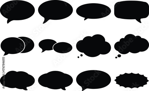 Collection of twelve black speech and thought bubbles on white background speech bubble talk bubble