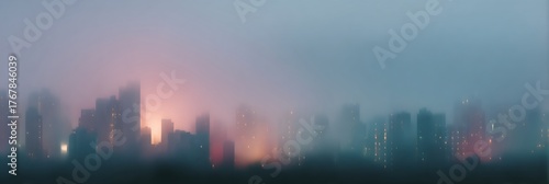 City skyline with a foggy sky in the background
