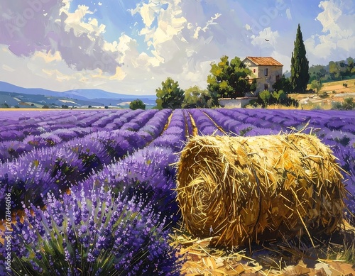 Beautiful painting of a lavender field with a haystack and a house under the blue sky