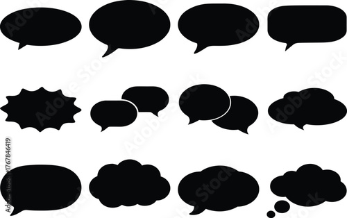 Collection of black speech bubbles and thought bubbles on white background chat bubble conversation