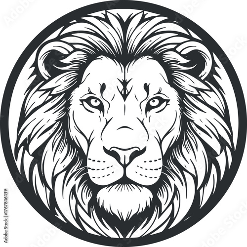 Stylized black and white illustration of a lion's face within a circular design.