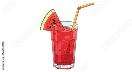 A glass filled with refreshing watermelon juice with a wedge garnish and straw, ideal for summer hydration and cooling down.