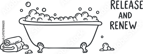 A relaxing bathtub scene with bubbles and the words release and renew emphasizing self-care.