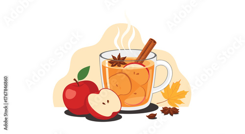 Illustration of hot apple cider with cinnamon and apple slices on a white background.