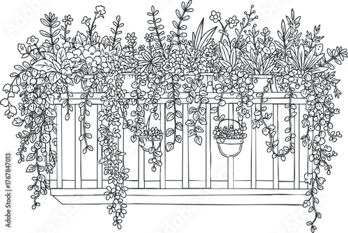 An intricate line art illustration of a balcony adorned with lush flowering plants and pots.