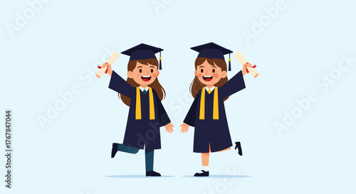 Two cheerful young women celebrating their graduation with diplomas, dressed in caps and gowns, symbolizing achievement and a bright future.