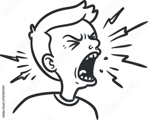 A cartoon boy expressing anger by shouting with exaggerated facial features and dynamic lines.