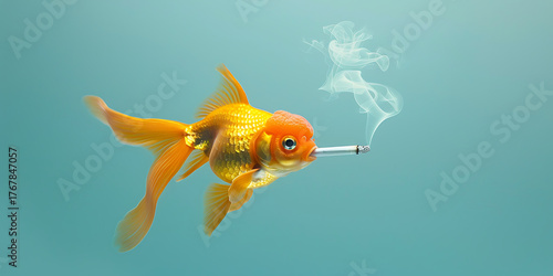 Surreal goldfish smoking a cigarette in clear water