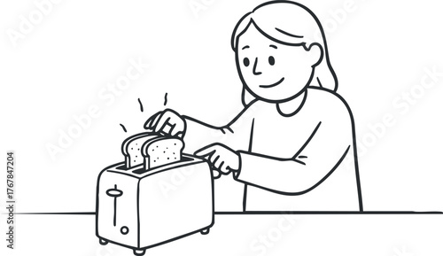 A person using a toaster to prepare toast in a kitchen setting with a cheerful expression.