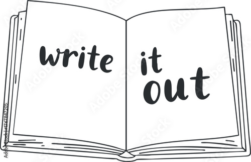 An open book illustration featuring the phrase write it out emphasizing creativity and self-expression