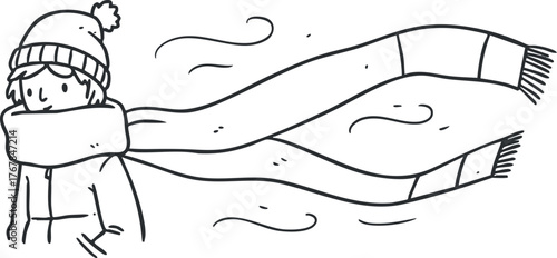 A cheerful child wearing a hat and scarf enjoying a windy winter day outdoors.