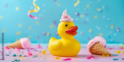 Adorable rubber ducky celebrates with ice cream party