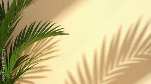 Sunlight casting dramatic palm leaf shadows on a warm neutral wall creating a serene tropical ambiance