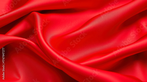 Luxurious vibrant red satin fabric draped in soft folds creating a rich and elegant textured background