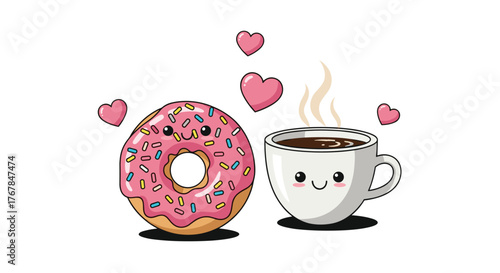 Cute illustration of a donut and a cup of coffee with hearts floating above them, representing a loving relationship between the two.