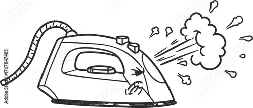 A steam iron releasing steam, ideal for removing wrinkles from clothes and fabrics.