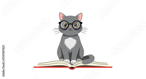 Cute cartoon cat with glasses reading a book on a white background, educational concept.
