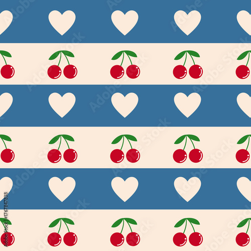 Blue and White Hearts and Cherries Stripe Pattern