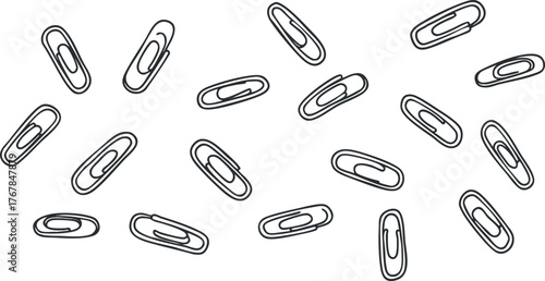 A collection of various paperclips in black and white on a clean background.