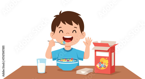 A cheerful cartoon boy with a big smile eats a spoonful of sweet cereal with milk from a blue bowl for breakfast.