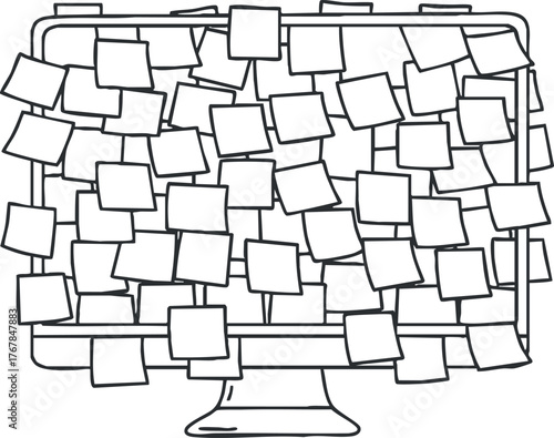 A computer monitor cluttered with sticky notes representing organization and planning in a workspace.